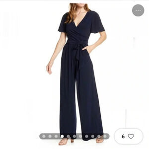 Harper Rose wide leg short sleeve romper jumpsuit size large blue v neck